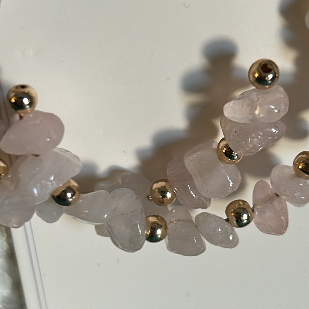 New Rose Quartz Chipped Semi-Precious Gemstone Wire Hoop Earrings - Picture 3 of 3